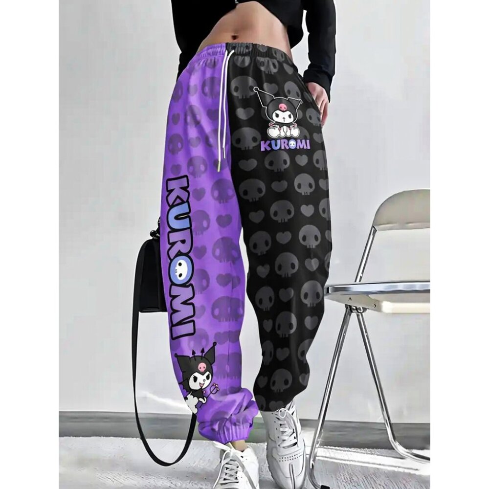 Sanrio Kuromi Jogger Pants - Cute Skull Print, Elastic Waist with Drawstring